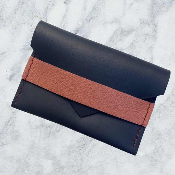 Handmade Navy Pink Leather Cardholder - Picture 3 of 13